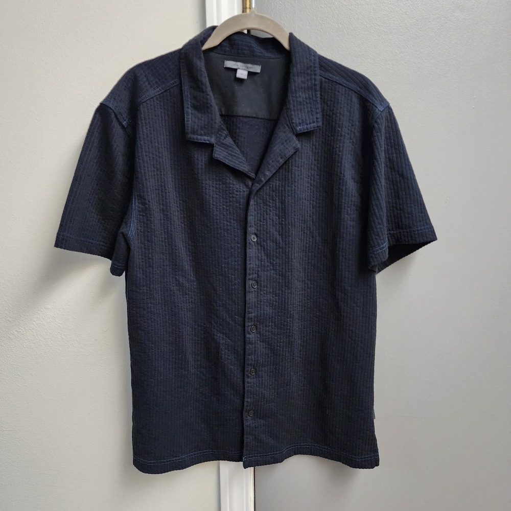 John Varvatos Lawrence Camp Collar Shirt M Black Blue Men's Short Sleeve Cotton